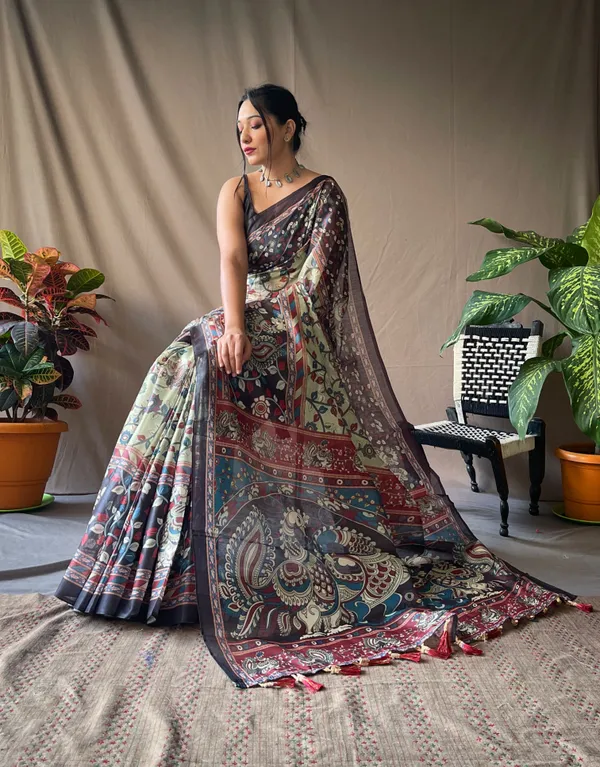 Light_Olive_Green_Soft_Cotton_Kalamkari_Print_Saree_With_Blouse_Piece_Attached